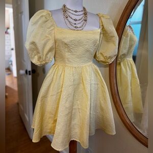 Bardot Pale Yellow Satin Dress with Square Neckline